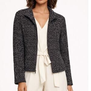 Akris Full Zip Jacket Womens Size 10 Navy White 100% Silk Wavy Textured Topper